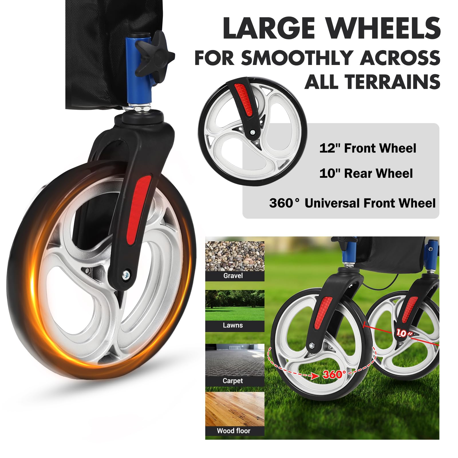 Garvee Rollator pieghevole e sedia da trasporto 2 in 1, capacità di carico di 136 kg, rollator per tutti i terreni con doppio sistema frenante e borsa portaoggetti, telaio in alluminio leggero per anziani, shopping, uso esterno