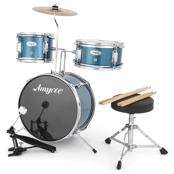 Batteria Garvee da 3 pezzi per principianti con Basso da 14", Tom da 10", blu, legno, sgabello incluso, ideale per bambini