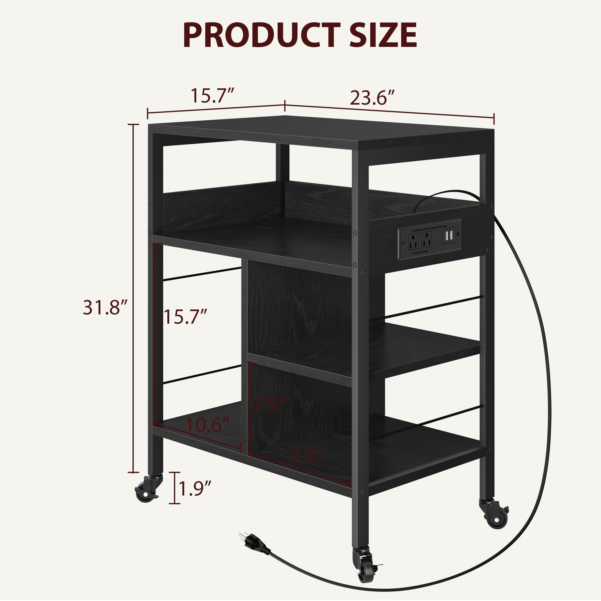 Tavolo porta stampante mobile Garvee di grandi dimensioni con prese di corrente e USB, carrello a 4 ripiani, struttura in metallo, pannello in MDF, ruote con bloccaggio per ufficio e soggiorno, 23,66" L*15,76" W*31,86" H, nero
