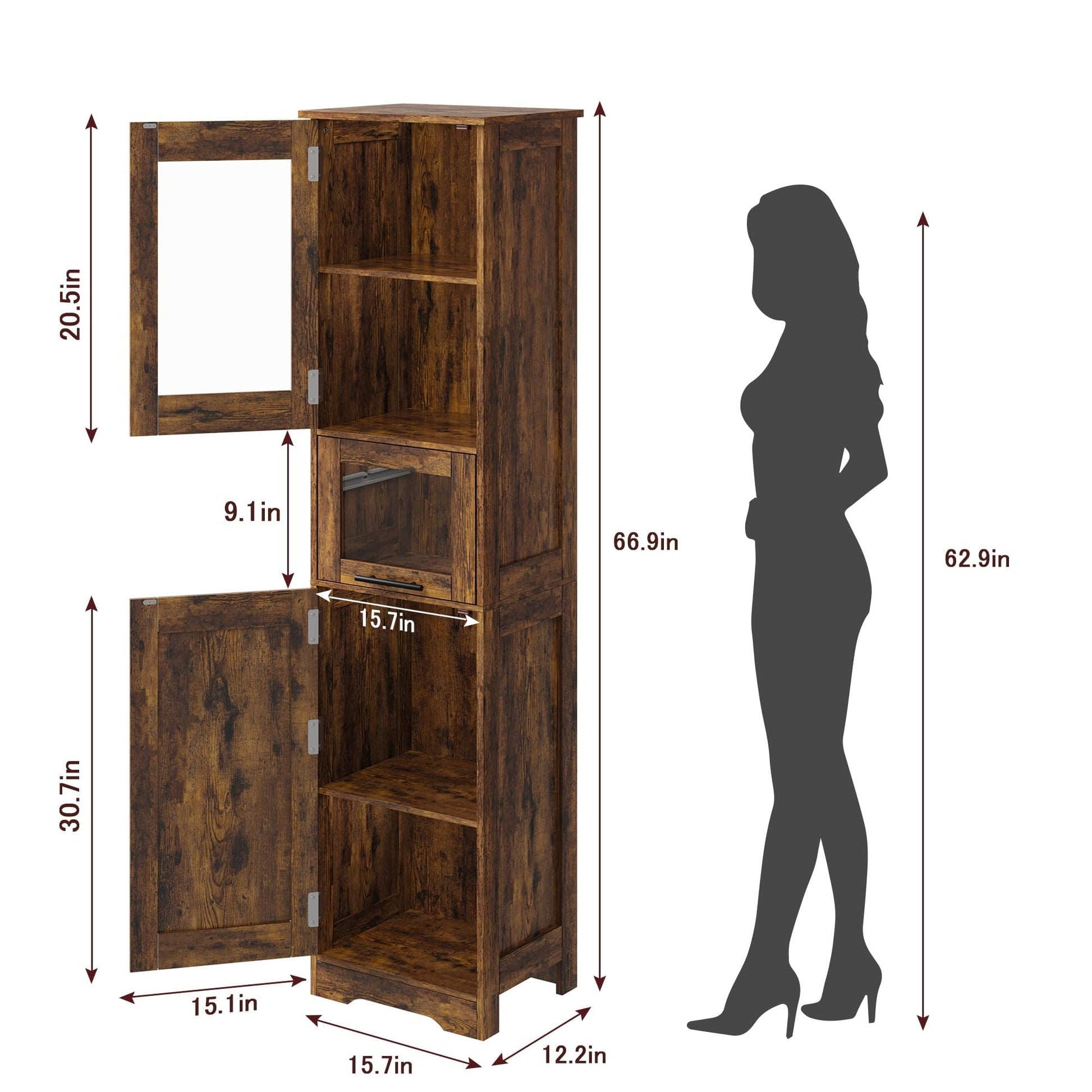 Mobiletto da bagno Garvee, alto e stretto, 170 cm, con 2 ante e 1 cassetto, marrone vintage, ripiani regolabili, salvaspazio per bagno, corridoio e soggiorno.