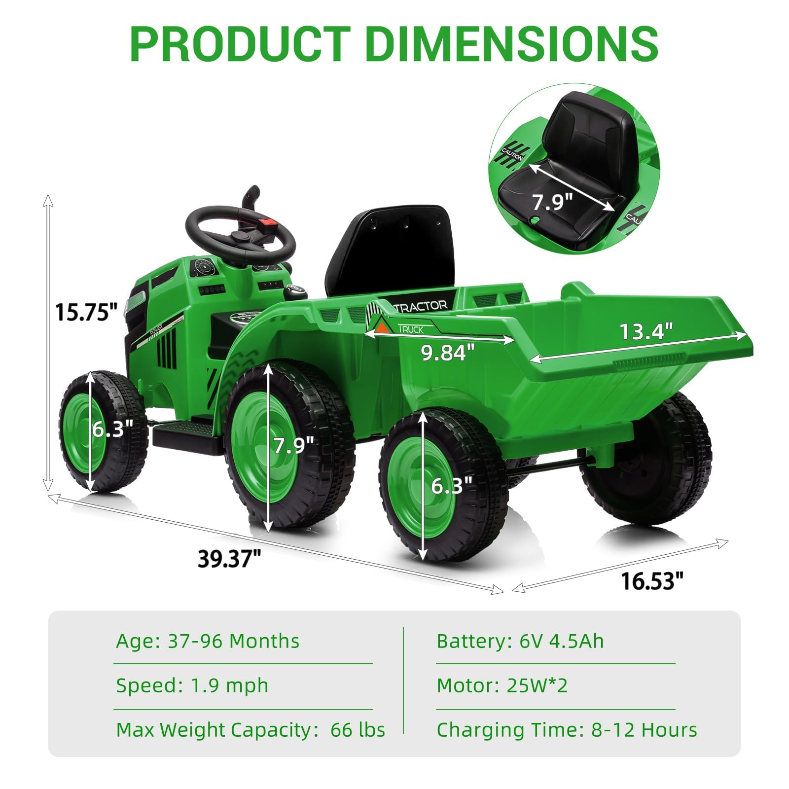 Trattore elettrico Garvee 6V, trattore per bambini, verde, con clacson e design robusto per piccoli agricoltori dai 3 anni in su in giardino e cortile
