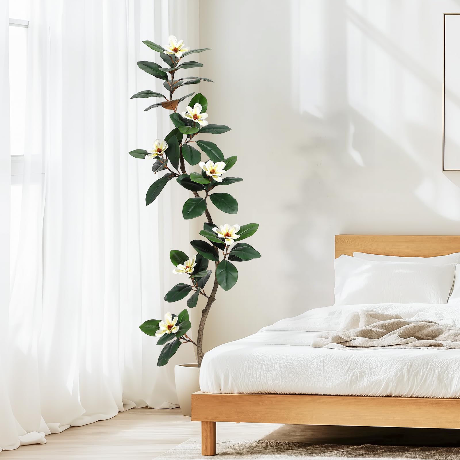 Albero di gomma artificiale Garvee da 6 piedi con fiori di magnolia, fioriera bianca, decorazione per interni, ufficio e soggiorno