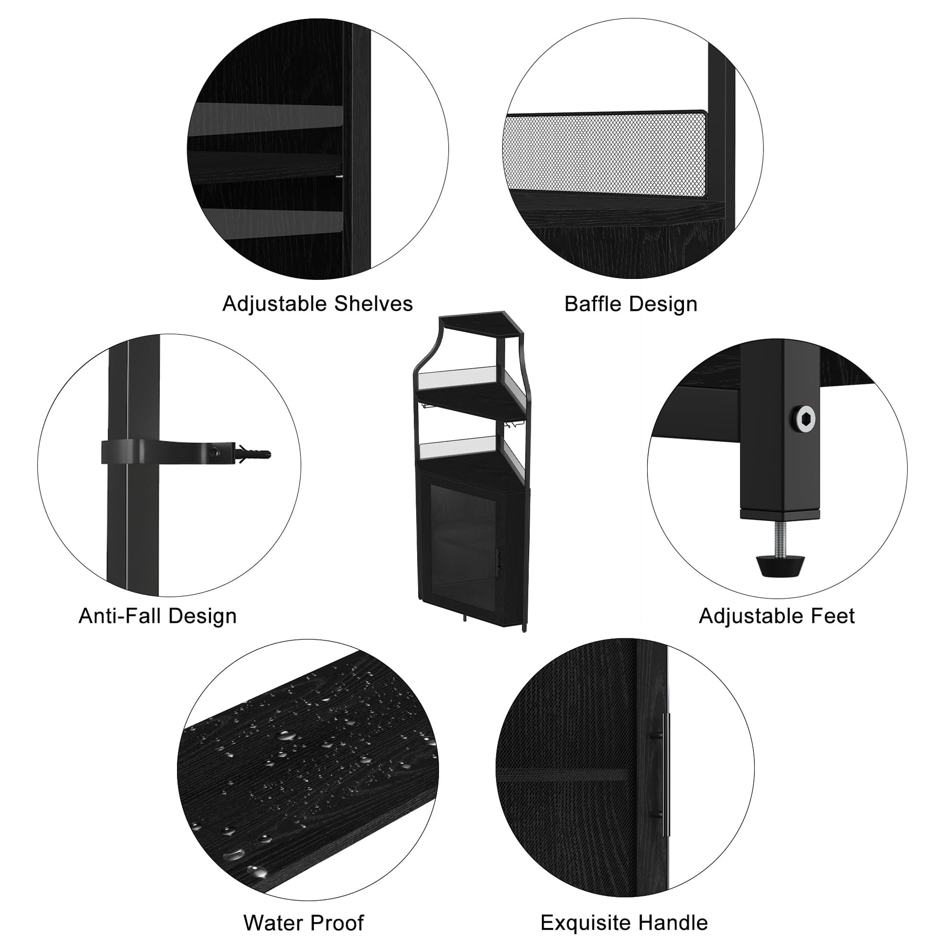 Mobiletto angolare portaoggetti Garvee, 5 ripiani con portabicchieri, ripiani regolabili, struttura in metallo, MDF, porta a battente, nero, per soggiorno e cucina, 47,2 x 45,7 x 152,4 cm