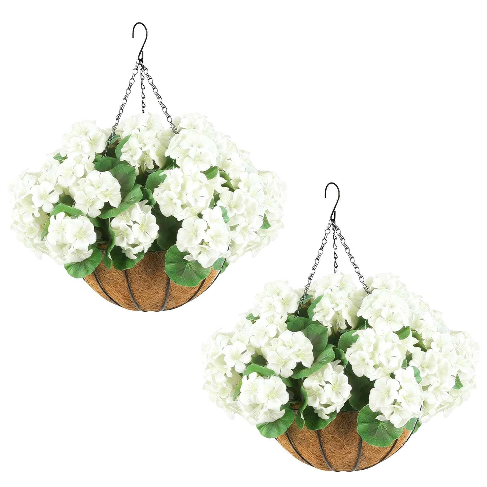 Garvee Set di 2 gerani artificiali da esterno, cesti appesi, bianchi, resistenti alle intemperie, per giardino, terrazza, Natale