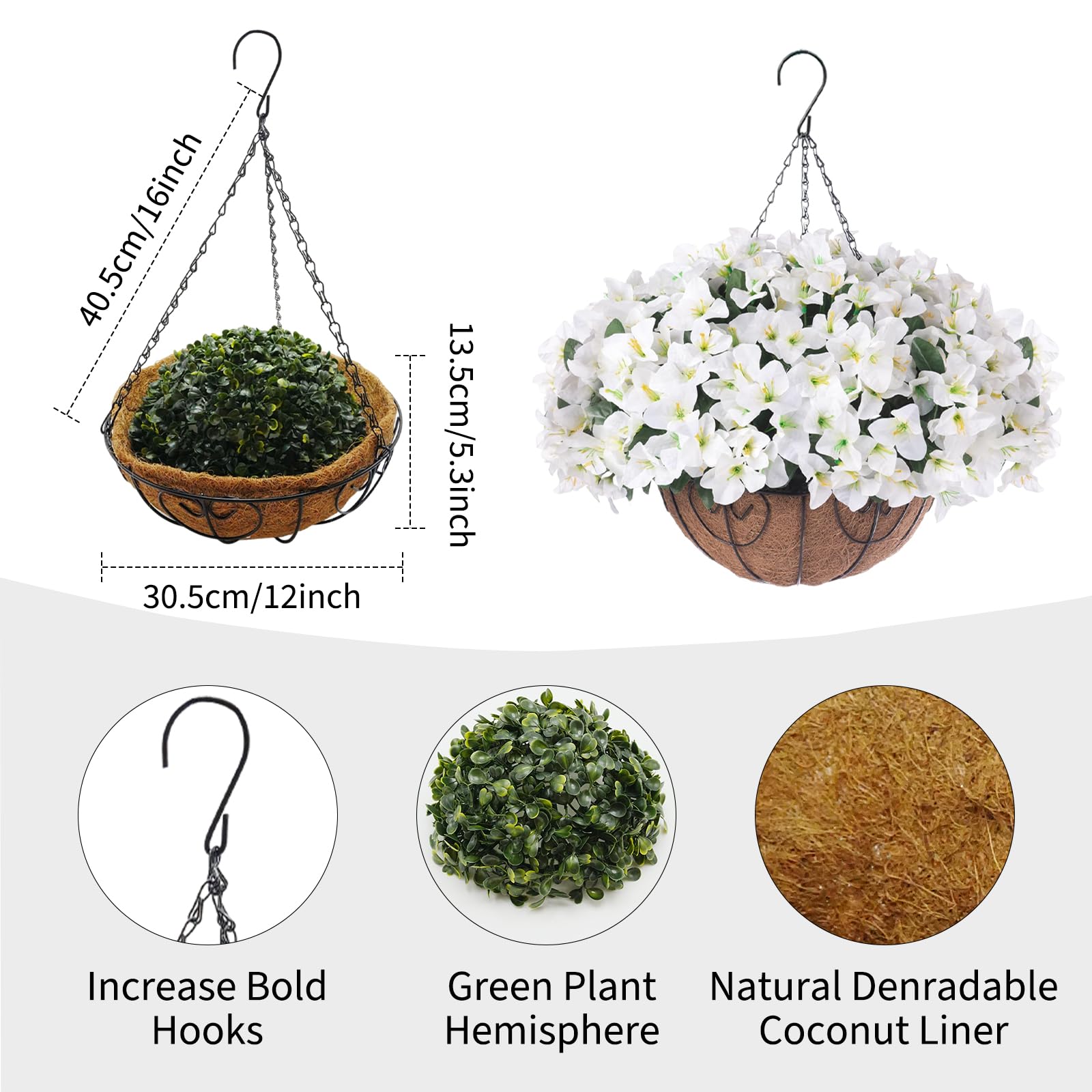 Garvee Set di fiori di bouganville artificiali con cesto marrone per giardino e terrazza, 12 pezzi, resistenti ai raggi UV, resistenti alle intemperie, bianchi e verdi