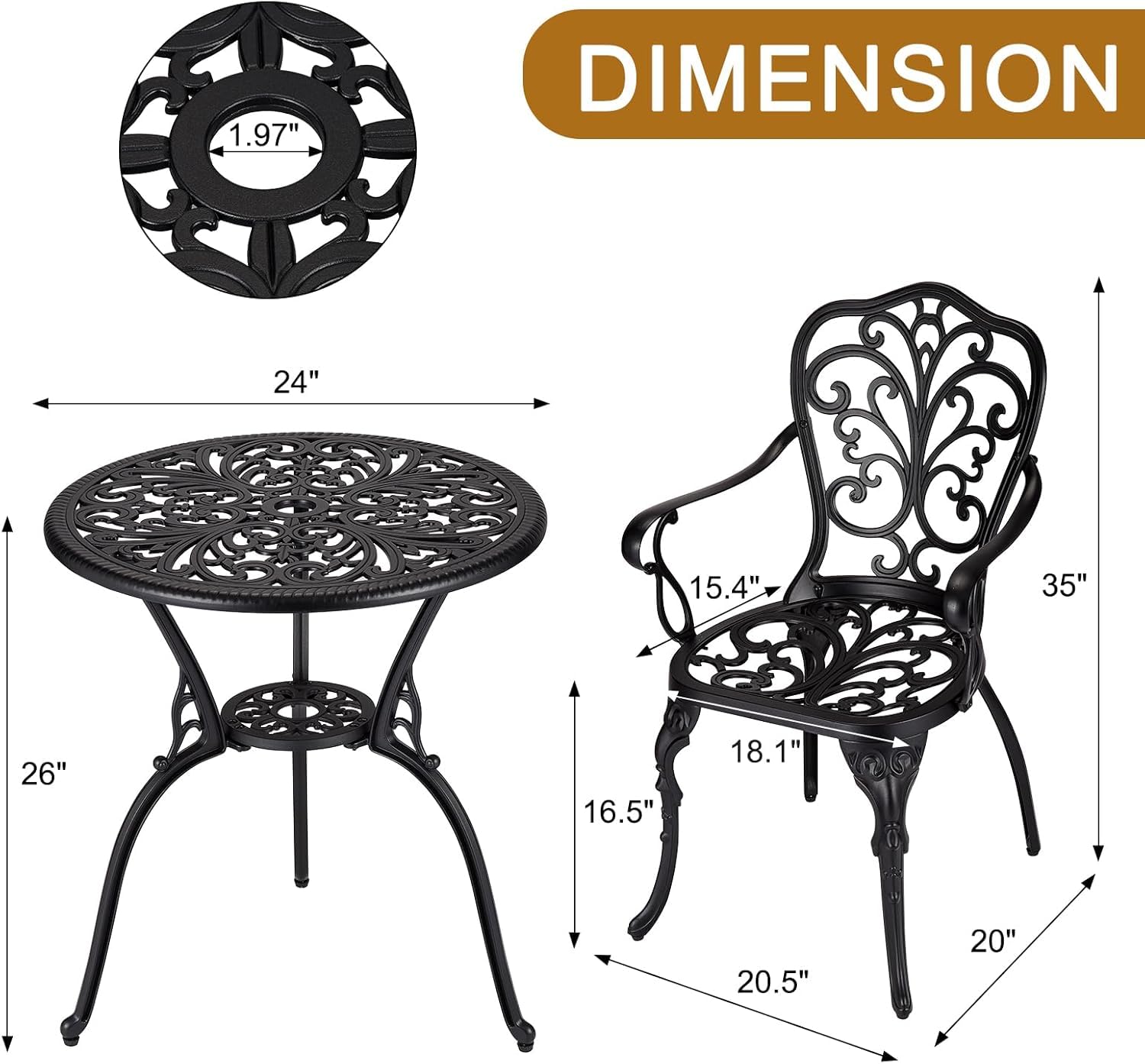 Set da bistrot da esterno Garvee da 3 pezzi, in alluminio, resistente alle intemperie, antiruggine, con foro per ombrellone, mobili da giardino per balcone, nero
