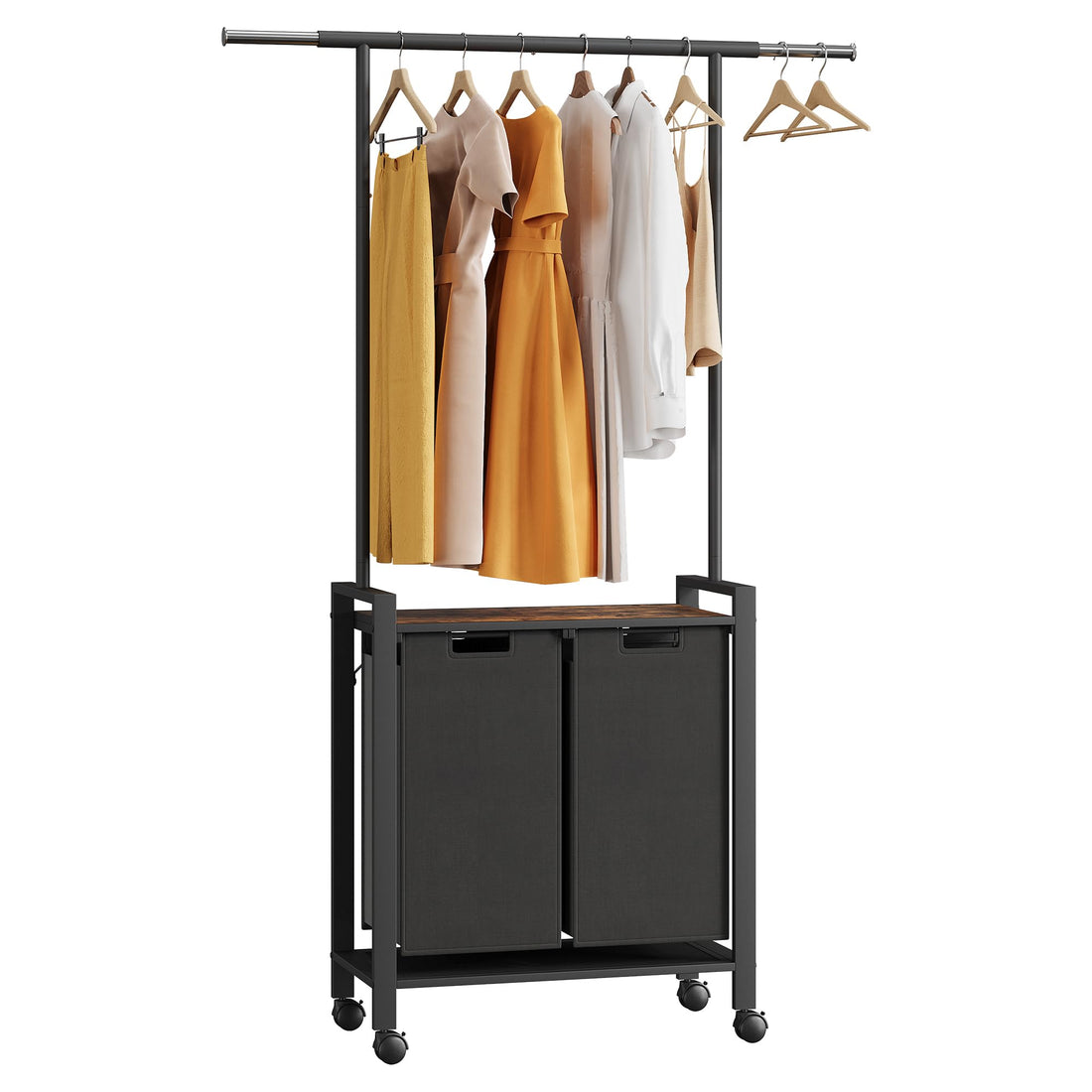 Garvee Laundry Sorter, cesto portabiancheria a 2 sezioni con asta appendiabiti e ripiano in legno per lavanderia, 2 x 49.2 L, nero