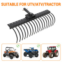 Rastrello da giardino Garvee da 49 pollici per trattore ATV UTV, 17 denti in acciaio sostituibili, acciaio al carbonio per impieghi gravosi, supporto da 2 pollici, giardino e campo, nero