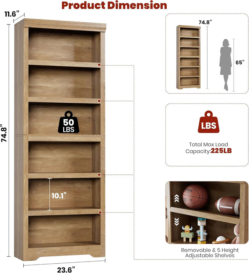 Garvee Libreria Rustica Alta 190,5 cm con 2-6 Ripiani Regolabili, Struttura in MDF Robusta, Elegante, Antiribaltamento, per Soggiorno e Studio, Bianco
