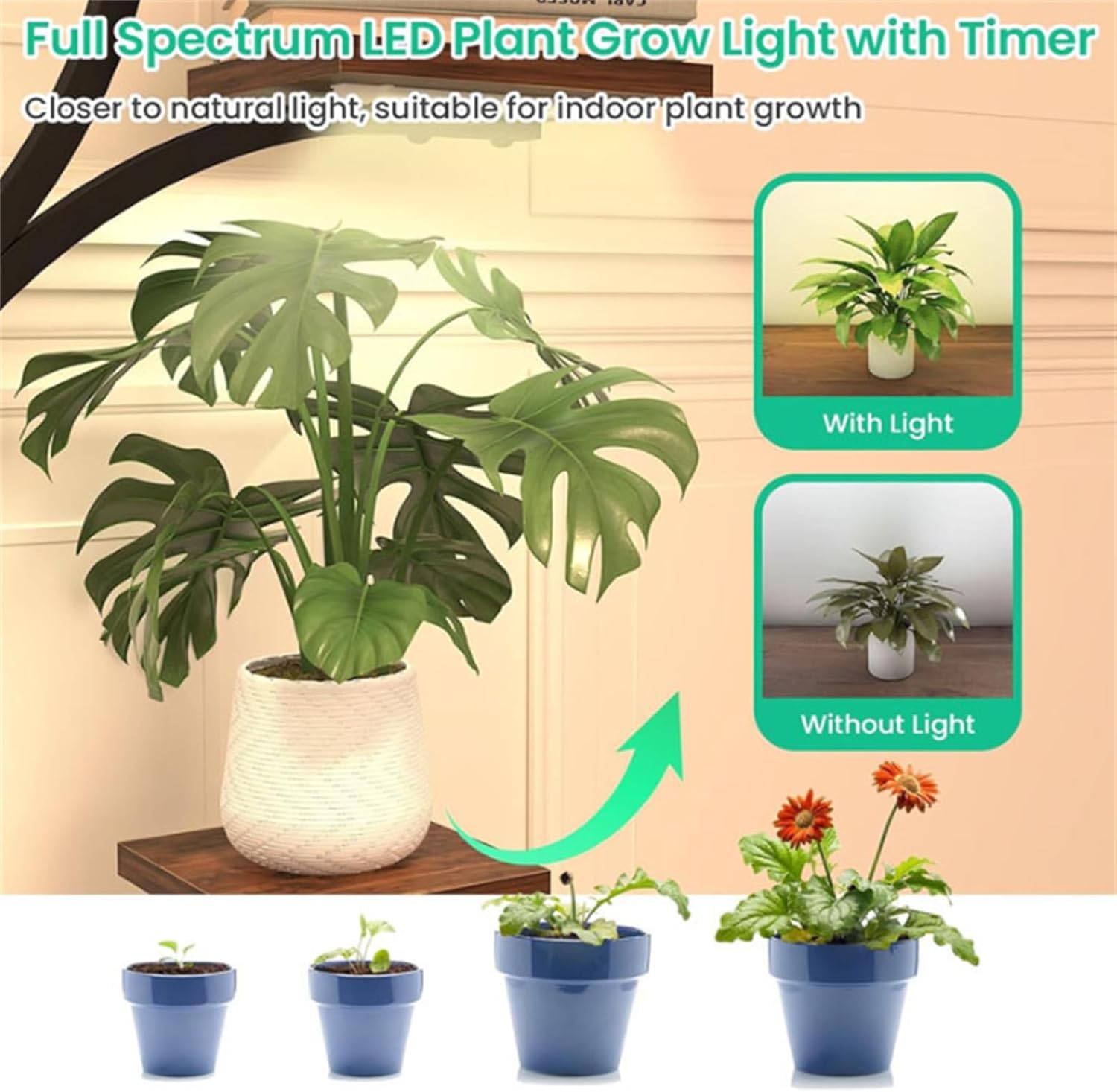 Supporto per piante Garvee con luce di coltivazione, 8 ripiani, metallo e legno, per interni, giardino, balcone, altezza 150 cm, nero