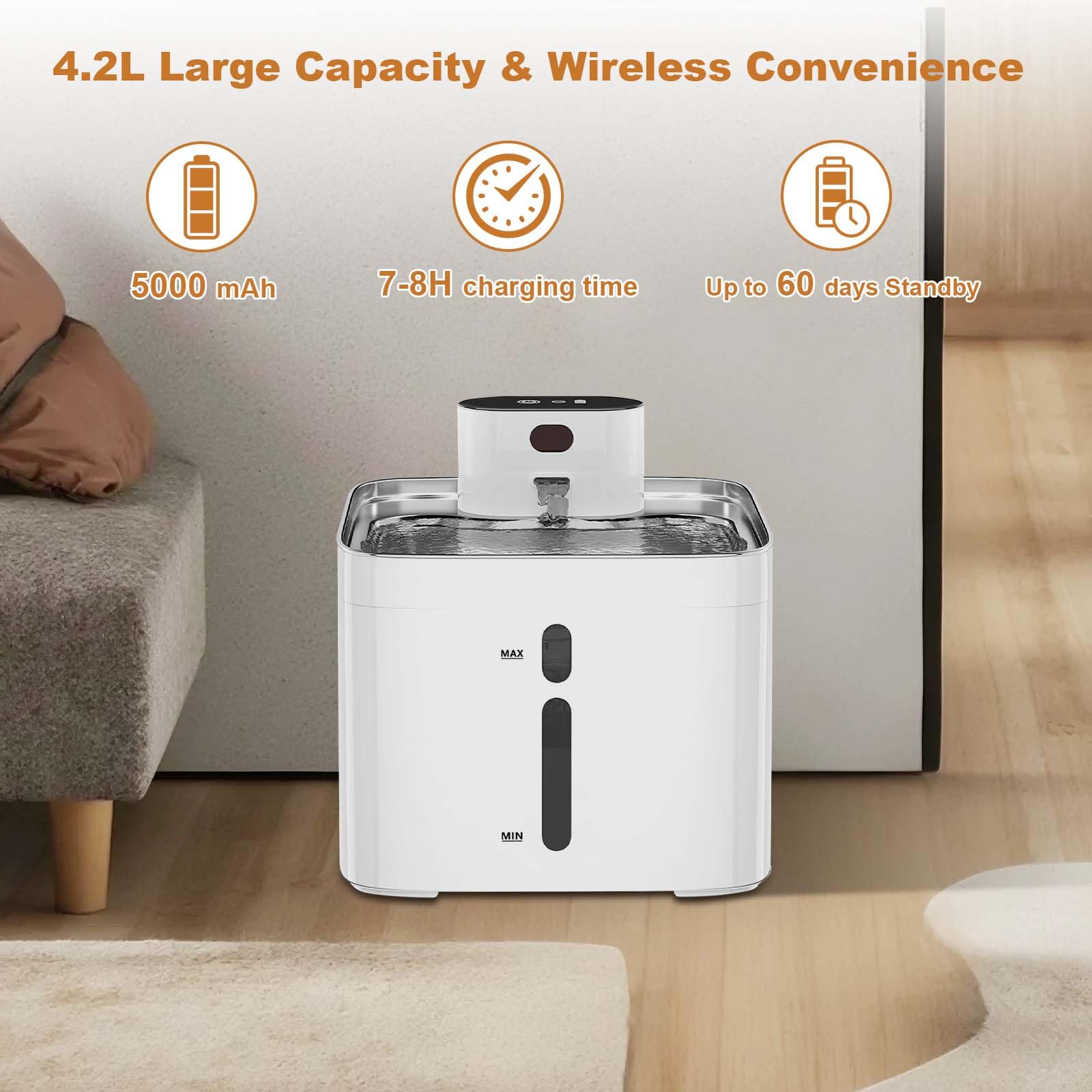 Fontanella automatica wireless per gatti Garvee da 4,2 l con vassoio in acciaio inossidabile, 2 modalità di uscita dell'acqua, ultra silenziosa 25 dB, per gatti, 21 x 18 x 19 cm, argento