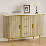 Garvee Buffet Moderno 120 cm Con Ante Scorrevoli Curvate, 3 Cassetti, Piano Effetto Marmo, MDF E Metallo, Cucina E Soggiorno, Mid Century, Marrone