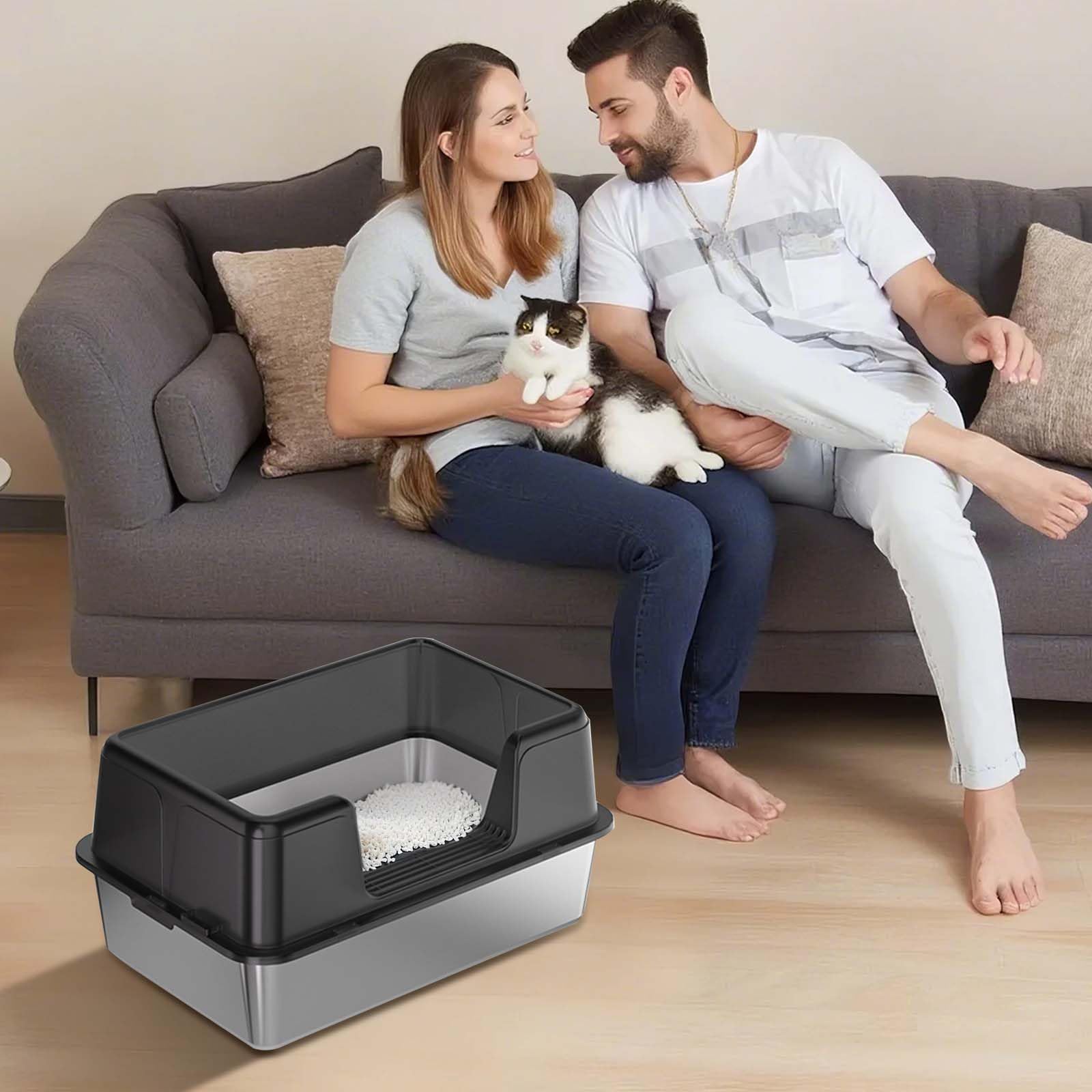 Lettiera per gatti Garvee in acciaio inox con coperchio, extra large, bordi alti, antigraffio, per uso domestico, con tappetino antiscivolo e paletta