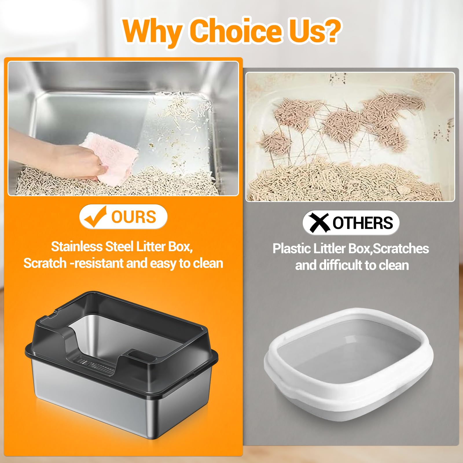 Lettiera per gatti Garvee in acciaio inox di grandi dimensioni, 34 l, semi-chiusa, con tappetino antiscivolo, per famiglie con più gatti, 60 x 40 x 22 cm, nera