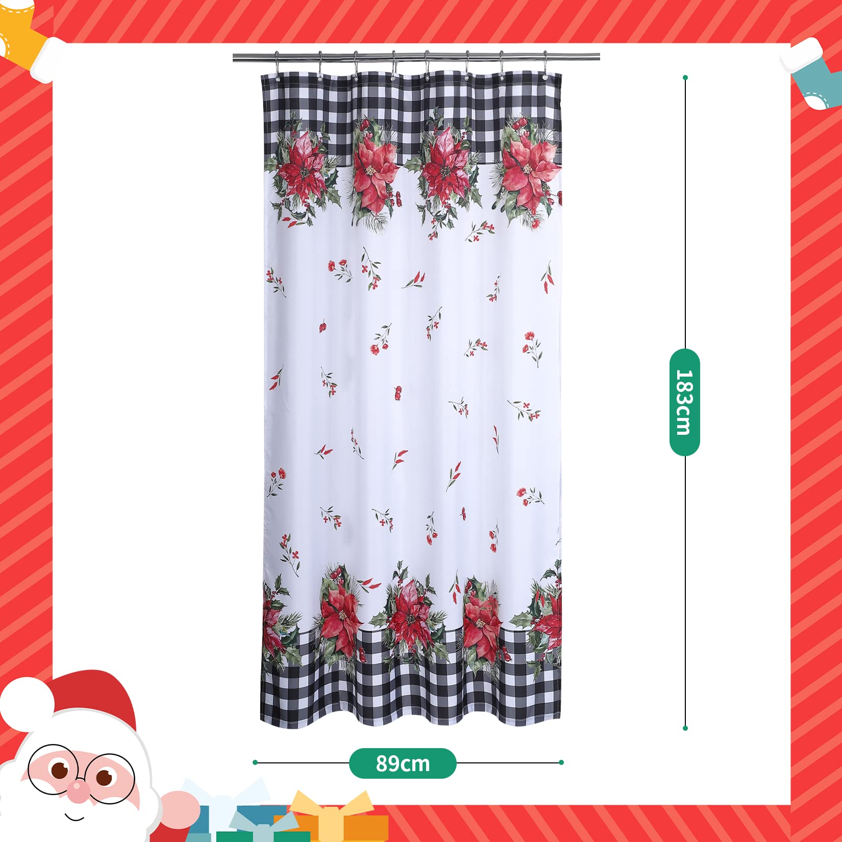 GARVEE Tenda da doccia natalizia in stile retrò con motivo floreale a quadri, lavabile, 89x183 cm, nero e bianco