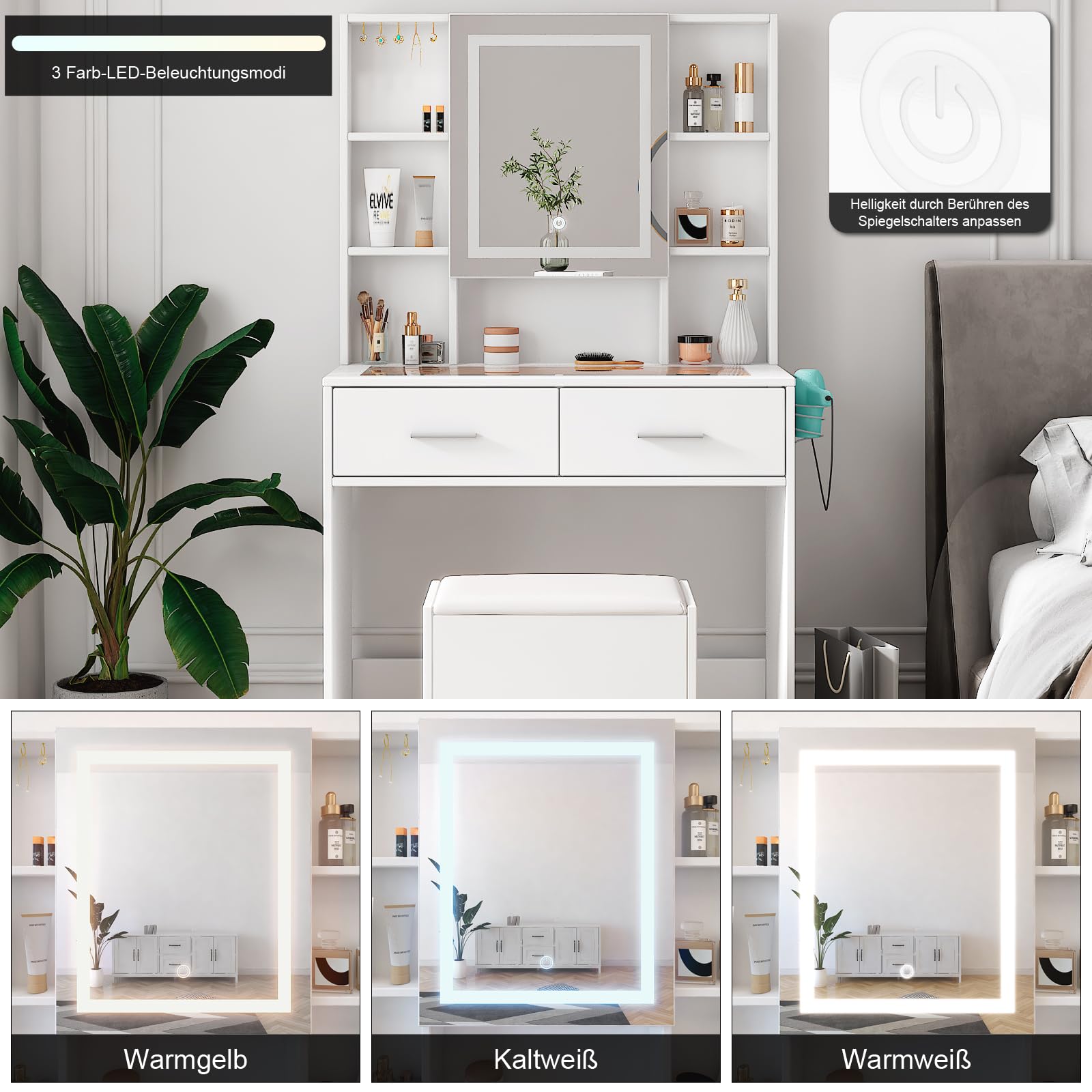 Set da parrucchiere Garvee con specchio LED, 2 cassetti, 4 ripiani, piano in vetro, presa elettrica, porta asciugacapelli, bianco, design moderno per camera da letto