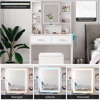 Set da parrucchiere Garvee con specchio LED, 2 cassetti, 4 ripiani, piano in vetro, presa elettrica, porta asciugacapelli, bianco, design moderno per camera da letto