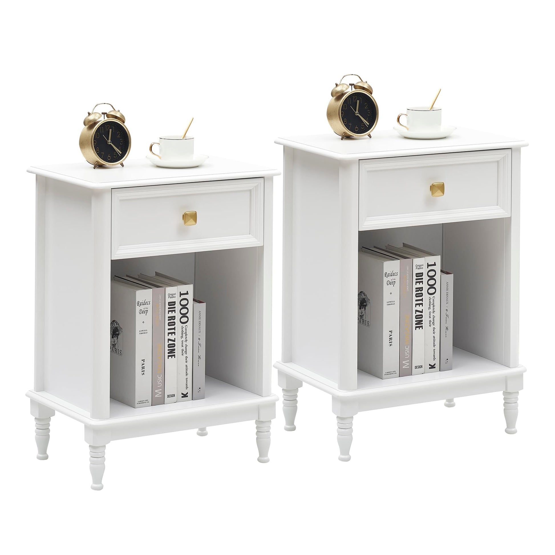 Garvee Set 2 Tavolini Ausiliari Bianchi in MDF con Cassetto e Ripiano, Ideali per Soggiorno e Camera, Design Compatto e Funzionale, Facili da Montare