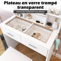 Set da parrucchiere Garvee con specchio LED, 2 cassetti, 4 ripiani, piano in vetro, presa elettrica, porta asciugacapelli, bianco, design moderno per camera da letto