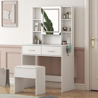 Set da parrucchiere Garvee con specchio LED, 2 cassetti, 4 ripiani, piano in vetro, presa elettrica, porta asciugacapelli, bianco, design moderno per camera da letto
