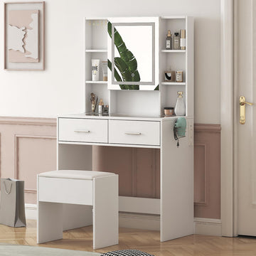Set da parrucchiere Garvee con specchio LED, 2 cassetti, 4 ripiani, piano in vetro, presa elettrica, porta asciugacapelli, bianco, design moderno per camera da letto