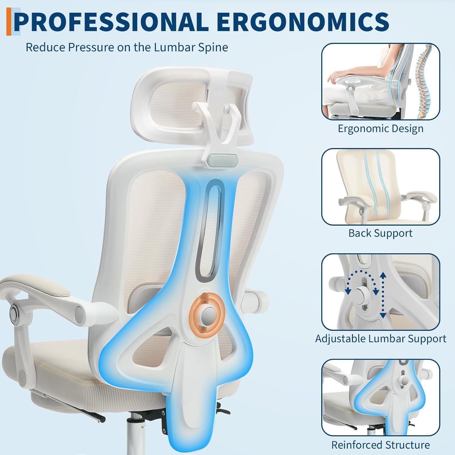 Sedia da ufficio ergonomica Garvee con poggiatesta regolabile, supporto lombare, poggiapiedi estensibile per ufficio domestico, beige, altezza regolabile, rete traspirante