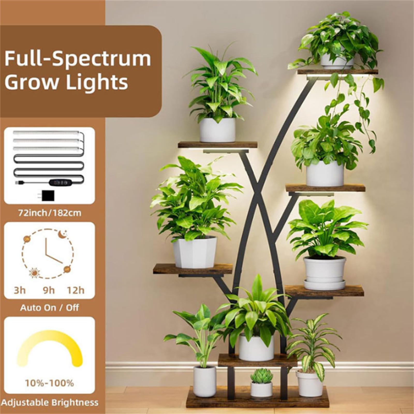 Supporto per piante in metallo Garvee con lampada da coltivazione a spettro completo a 3 teste antiruggine per balcone, soggiorno, camera da letto, capacità di carico fino a 150 libbre