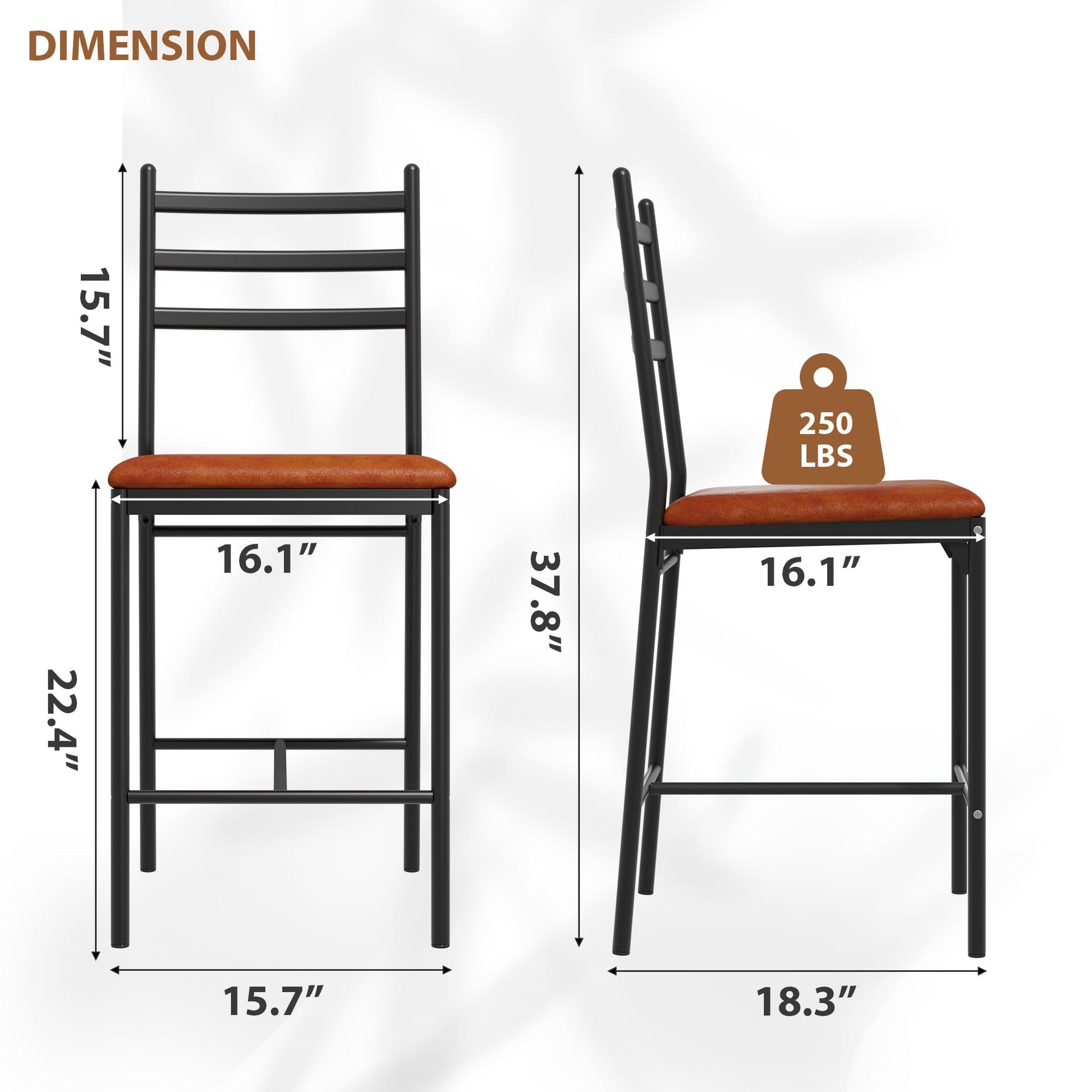 Set di 2 sgabelli da bar Garvee, in metallo, rivestiti in similpelle, marrone, per cucina e bar, ergonomici