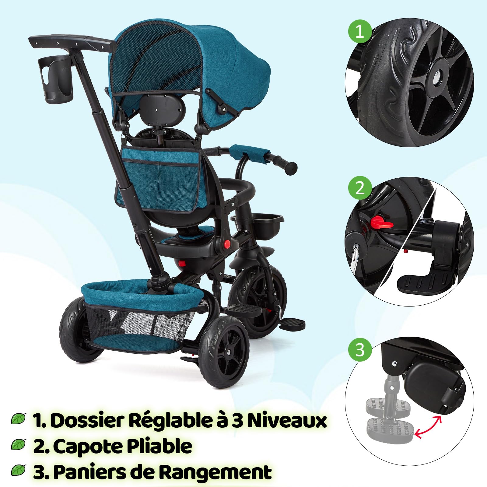 Garvee Triciclo Bébé Évolutif 6 en 1 con seduta reversibile, parasole, pedali per bambini da 10 mesi a 5 anni, Verde