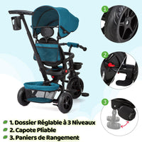Garvee Triciclo Bébé Évolutif 6 en 1 con seduta reversibile, parasole, pedali per bambini da 10 mesi a 5 anni, Verde