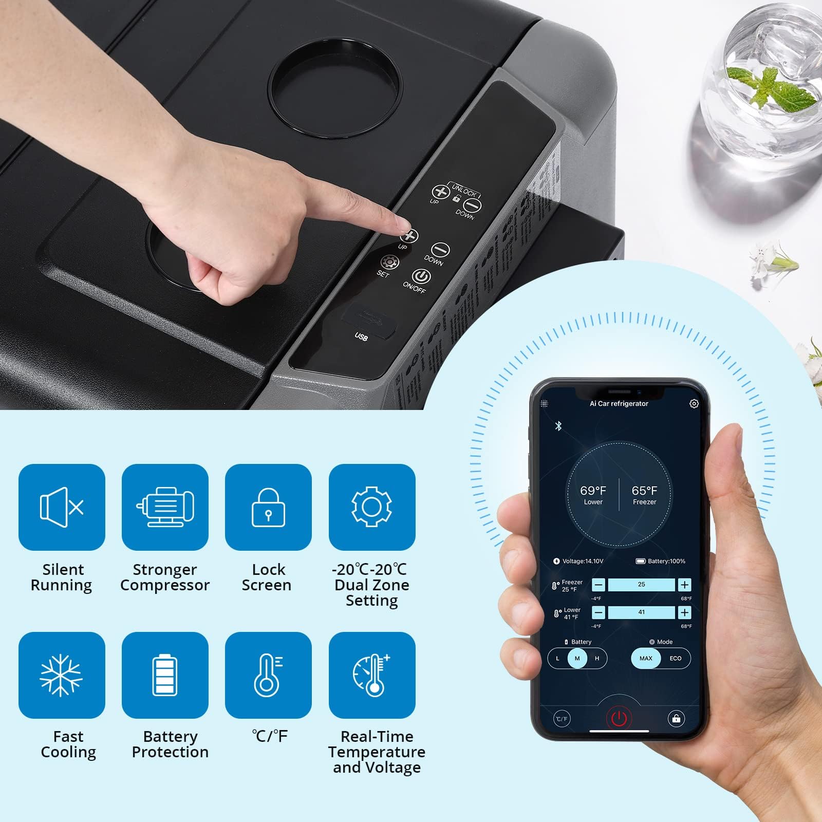 Frigorifero per auto GARVEE, compressore portatile con controllo tramite app, refrigeratore elettrico -20-20 °C, congelatore portatile con compressore, frigorifero per auto con scomparto congelatore, per campeggio, viaggio 45L