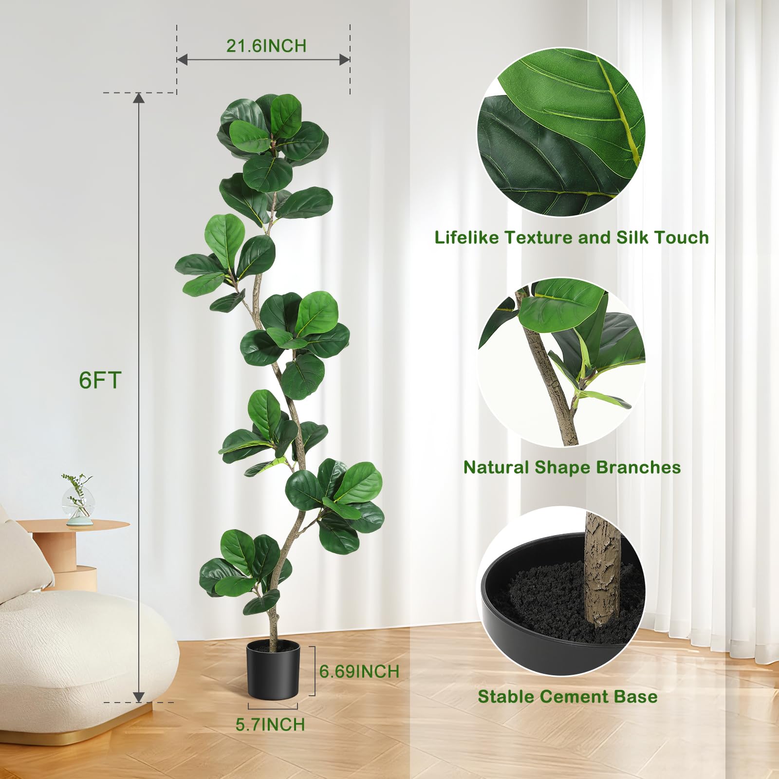 Albero di fico artificiale Garvee a foglia di violino, 6 piedi, con 42 foglie, rami regolabili, vaso di cemento nero per soggiorno e ufficio