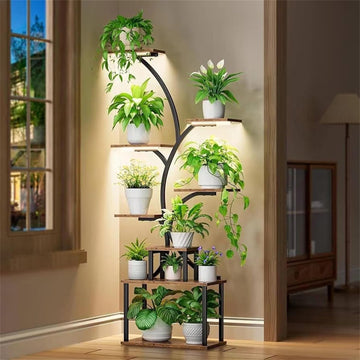 Supporto per piante Garvee con luce di coltivazione, 8 ripiani, metallo e legno, per interni, giardino, balcone, altezza 150 cm, nero