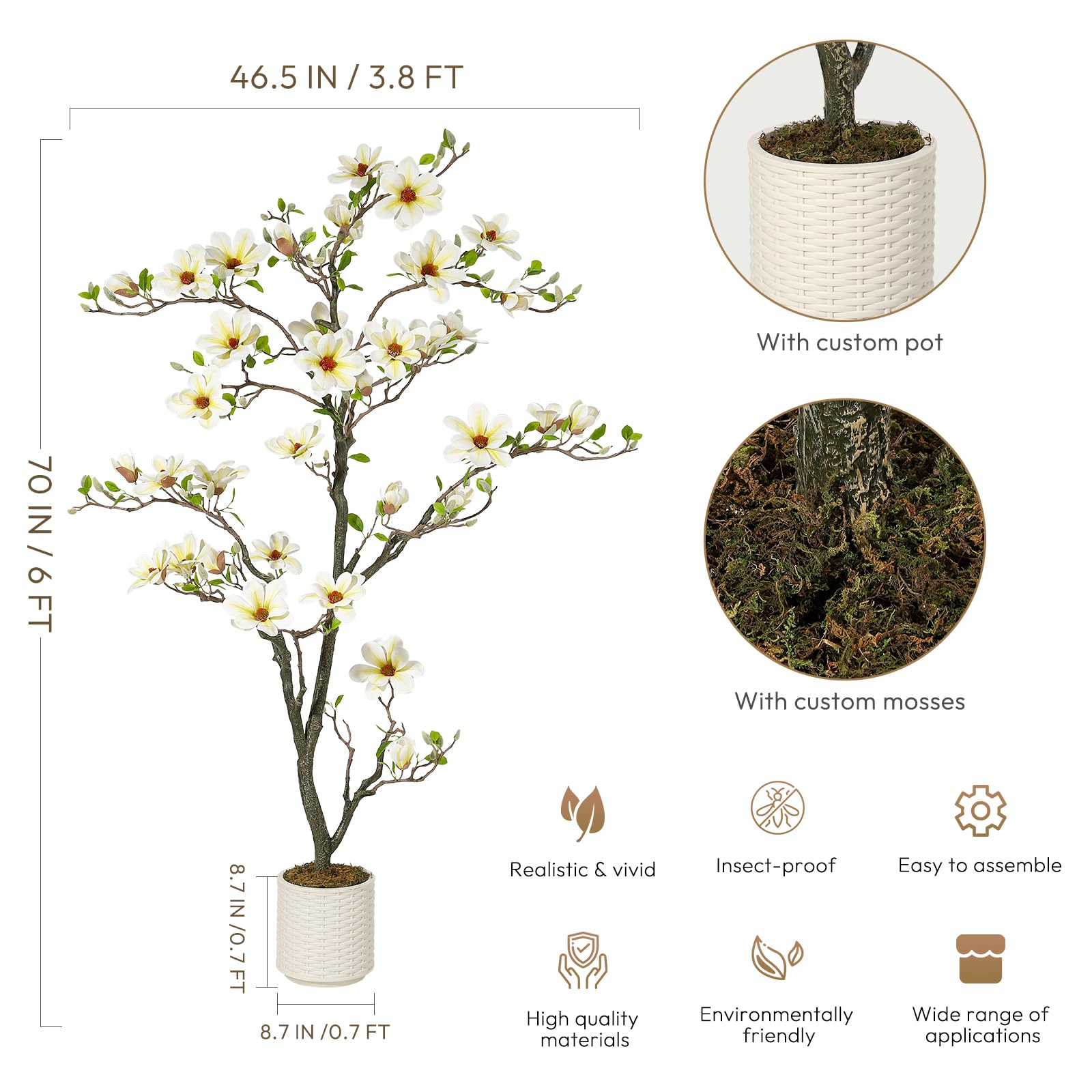 Albero di magnolia artificiale Garvee da 6 piedi, bianco, con rami regolabili, per uso interno ed esterno, struttura in metallo, base stabile