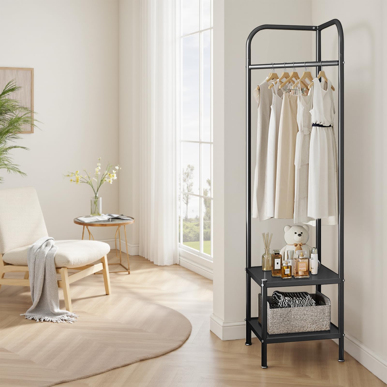 Appendiabiti angolare Garvee, in metallo, nero, per corridoio, soggiorno, ufficio, moderno, antiruggine, 2 ripiani, 1 asta