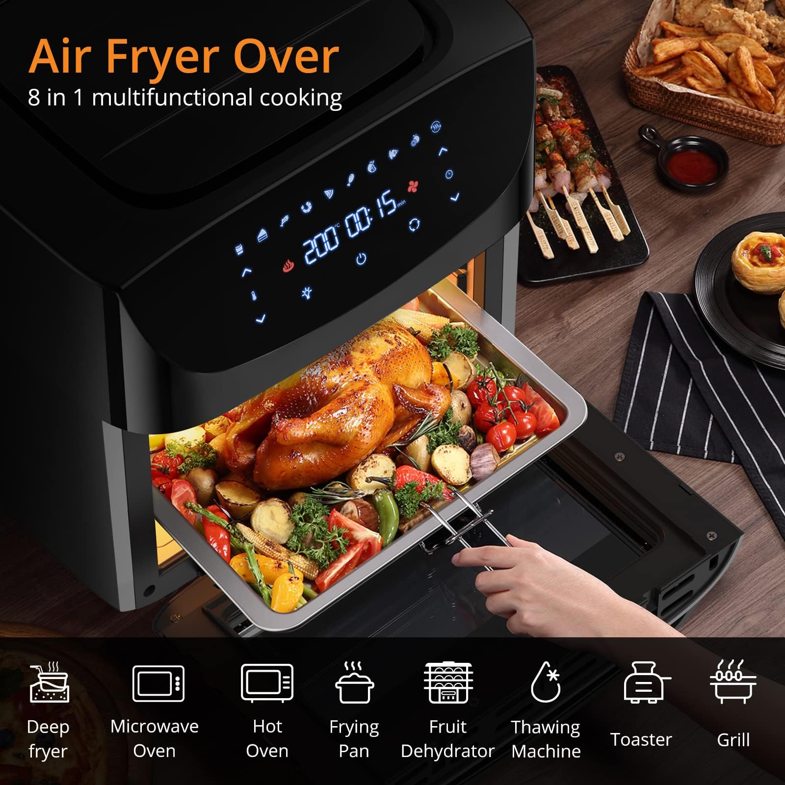 Friggitrice ad aria GARVEE XXL da 18 litri, friggitrice senza olio con finestra di visualizzazione, touchscreen LED, 10 programmi, 1800 W, controllo della temperatura regolabile, risultati di grigliatura eccellenti