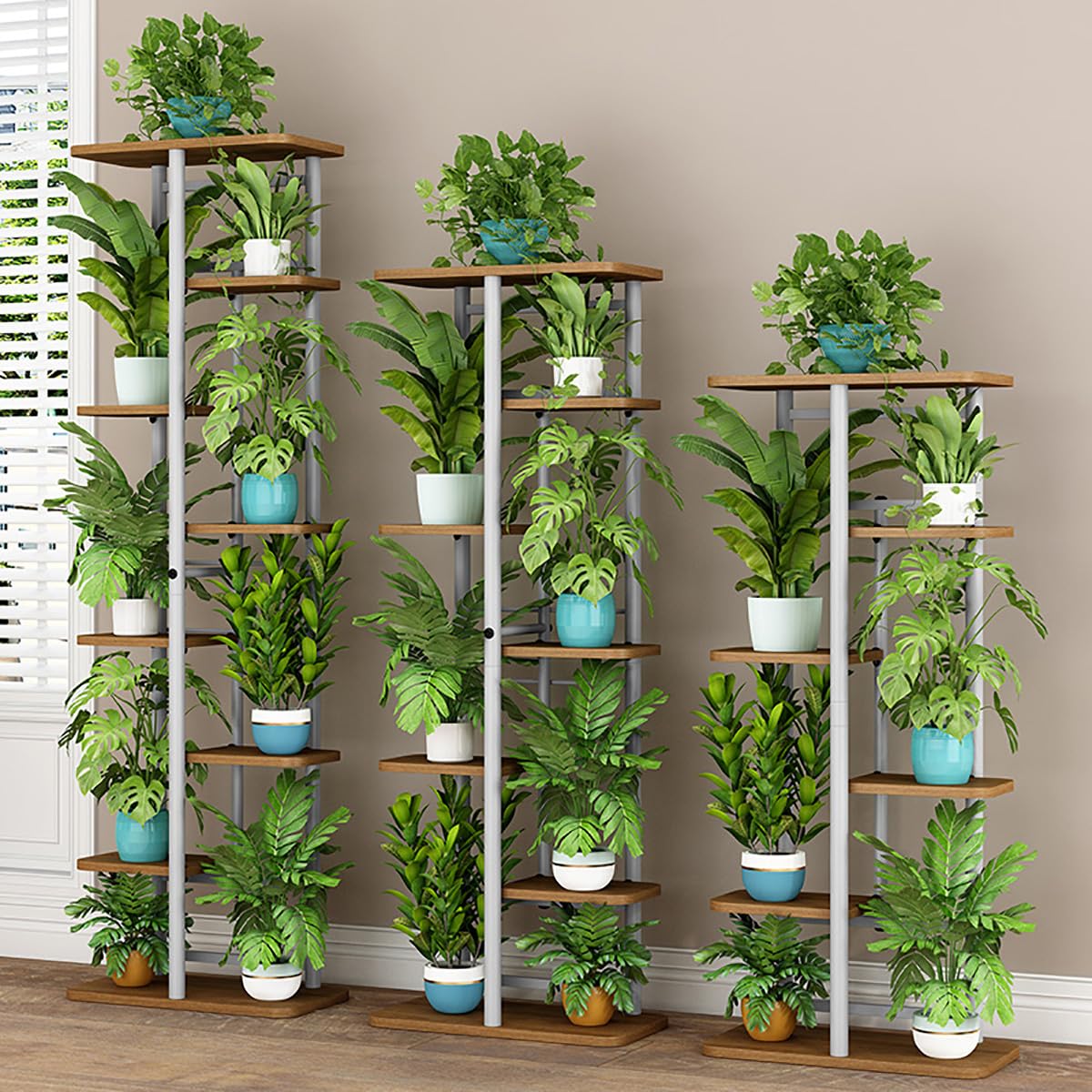 Garvee 5 Tier Hölzern Blumenregal Metall Pflanzenregal - Mehrschichtiges Design, Langlebiger Metallrahmen, Rutschschutz Für Balkon Garten Terrasse, Holzverstärkung, Mehrfarbig