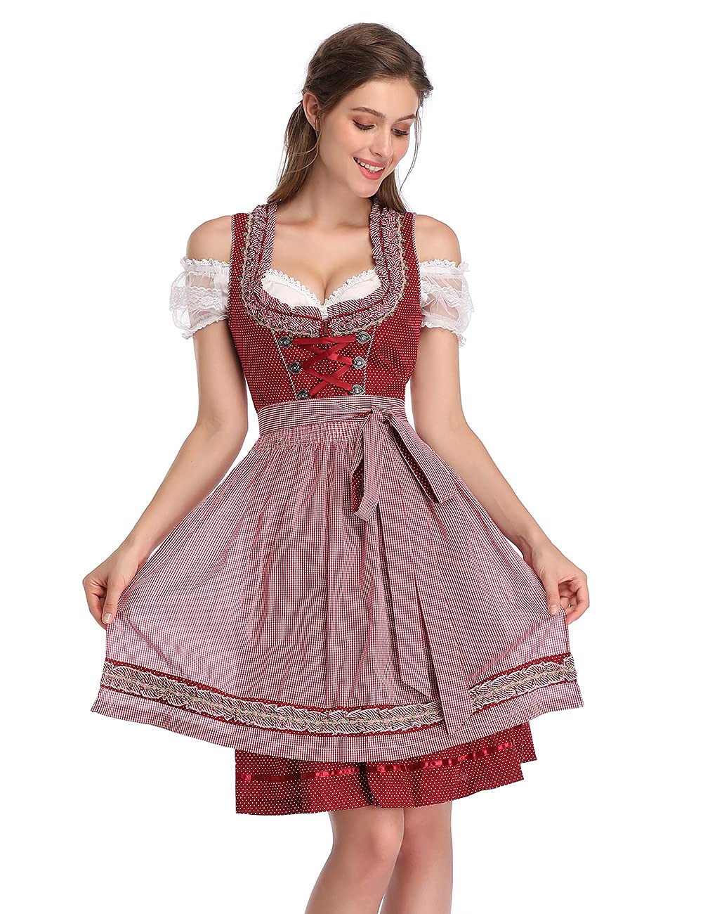 Abito Dirndl da donna Garvee Bavaria Oktoberfest, set da 3 pezzi, camicetta e grembiule, grembiule bavarese a maniche corte, abito da cameriera Oktoberfest, bordeaux a pois, taglia M