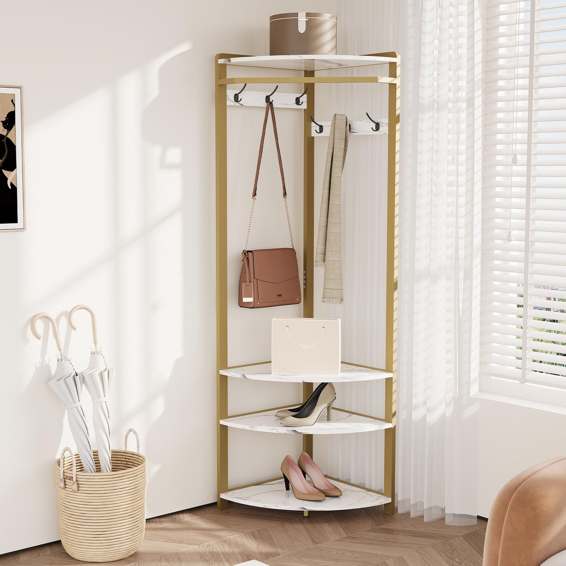 Armadio angolare Garvee con scarpiera, 6 ganci doppi, legno robusto, per corridoio e ingresso, 70,8 pollici, salvaspazio