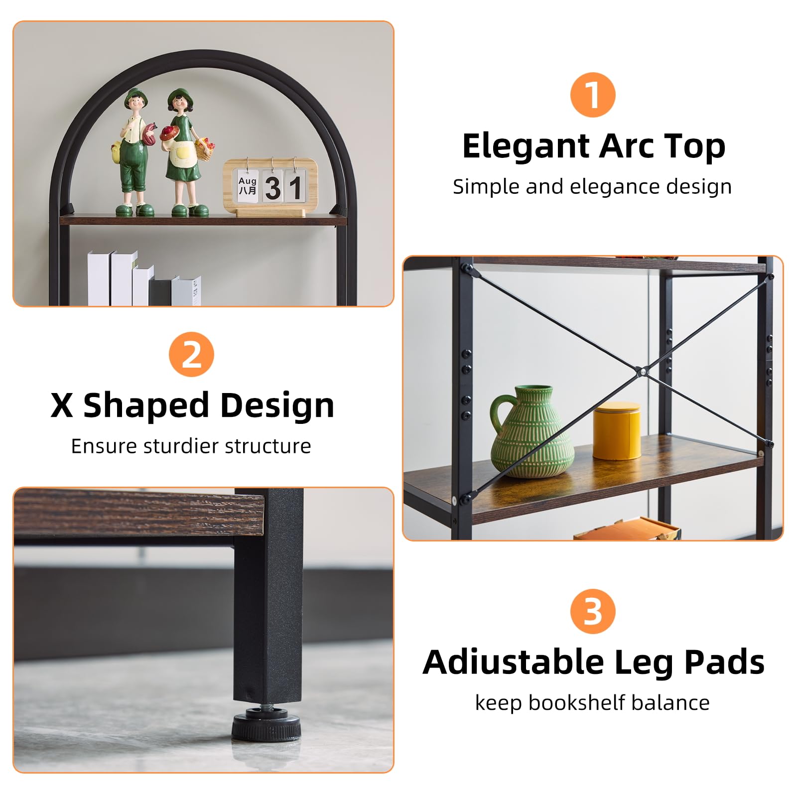 Libreria Garvee a 5 ripiani con arco, metallo robusto, grandi ripiani in legno per soggiorno e ufficio, 70,87" x 23,62" x 11,02", nero moderno