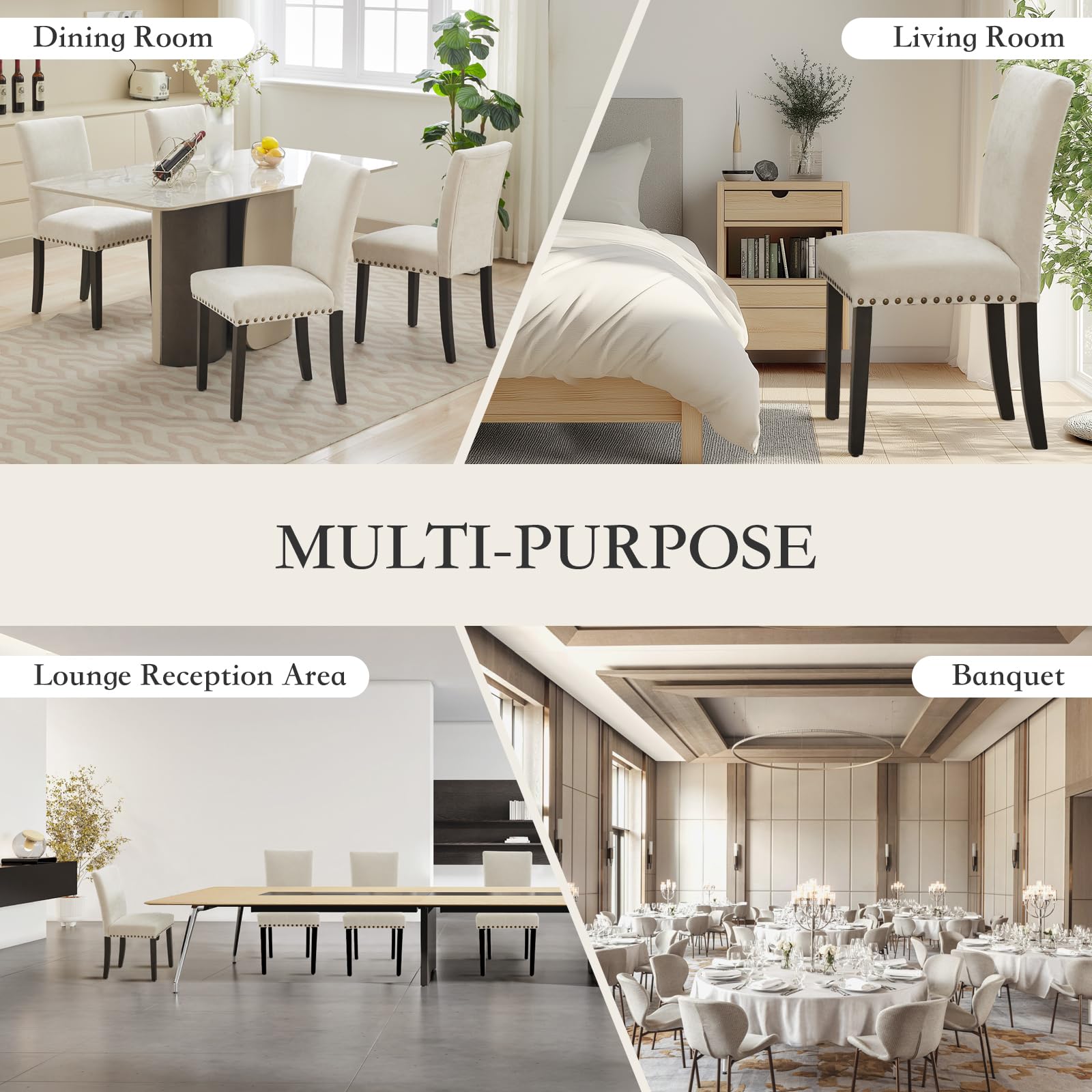 Set di 2 sedie da pranzo imbottite Garvee, moderne, con borchie, in tessuto, ergonomiche, gambe in legno, beige, per cucina e sala da pranzo