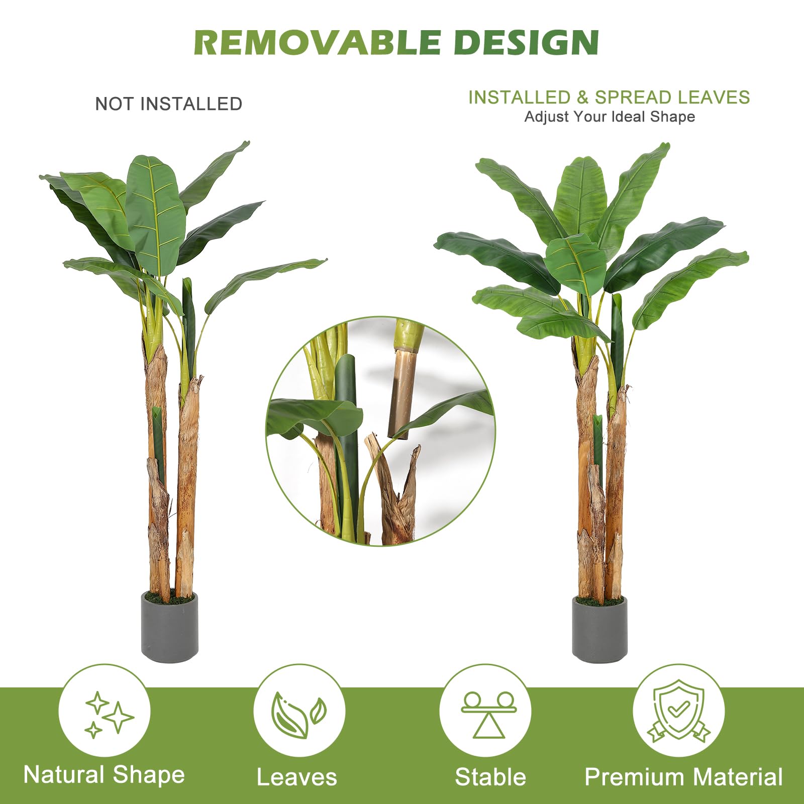 Albero di banano artificiale Garvee da 5 piedi con 11 foglie, foglie in PE, vaso di cemento, grigio per casa e ufficio