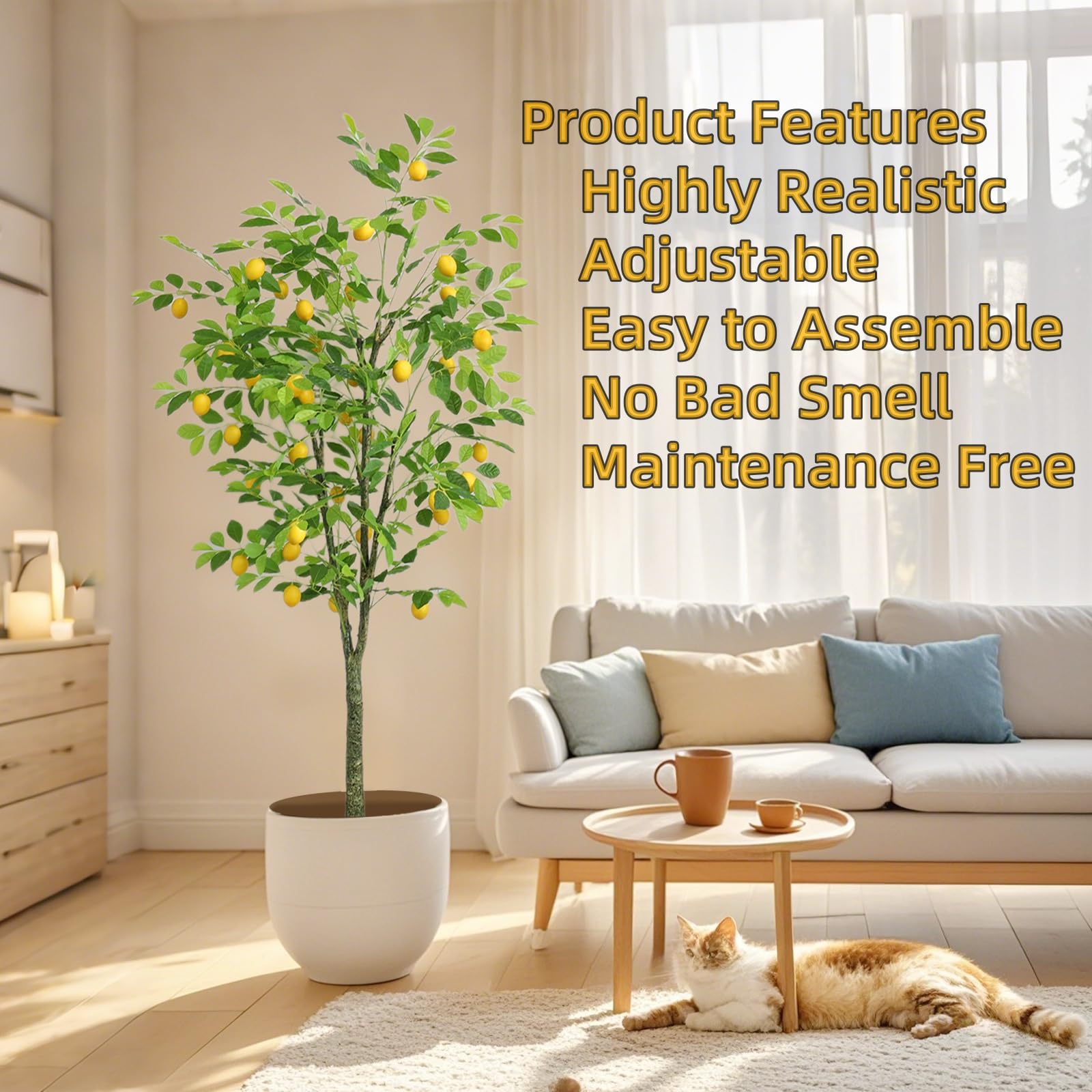 Garvee Lemon Tree Pianta artificiale 180 cm in vaso bianco per balcone, soggiorno, ufficio, verde e giallo realistico