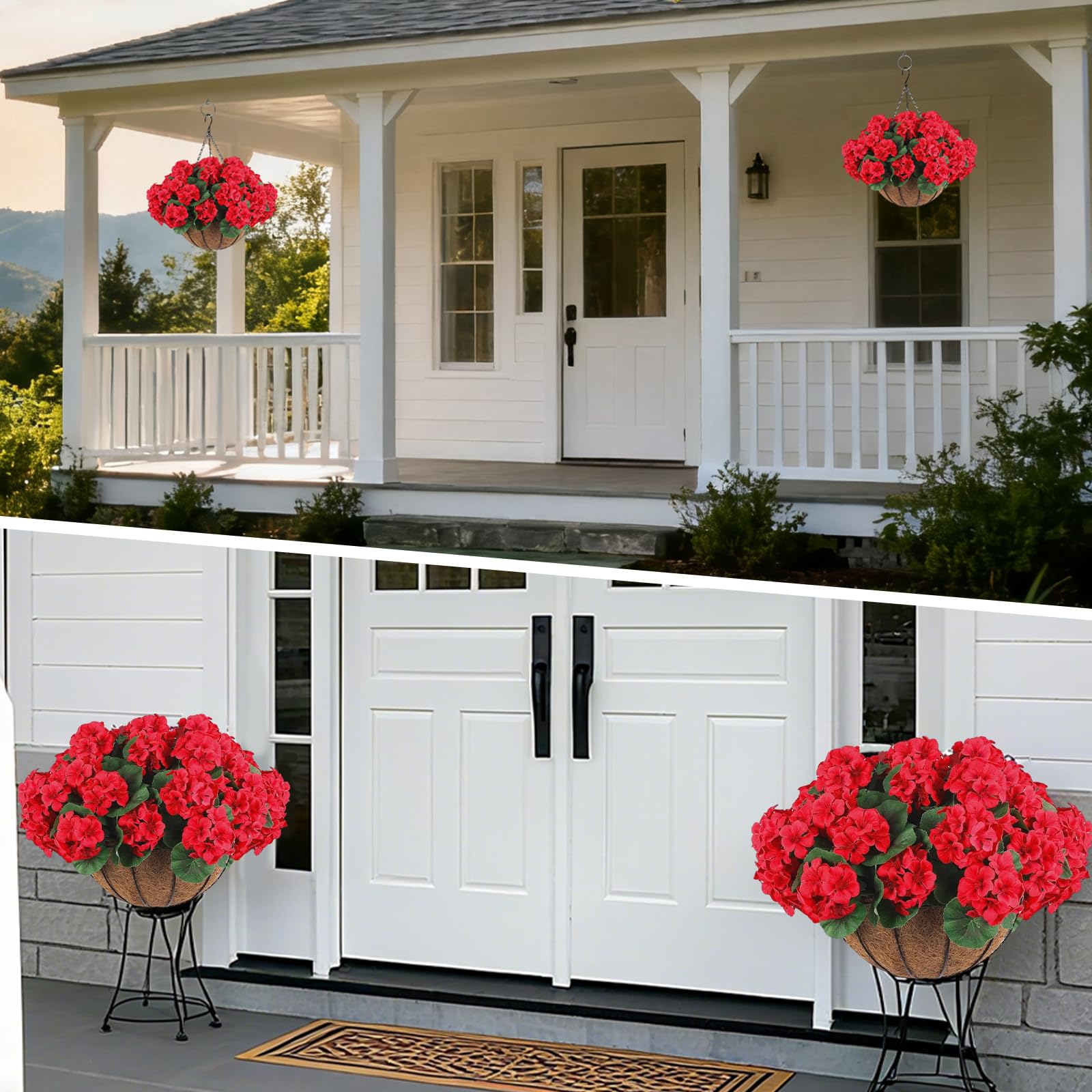 Garvee Set di 2 fiori di geranio artificiali, resistenti alle intemperie, cestino marrone, da appendere, per giardino e patio, realistici, rossi
