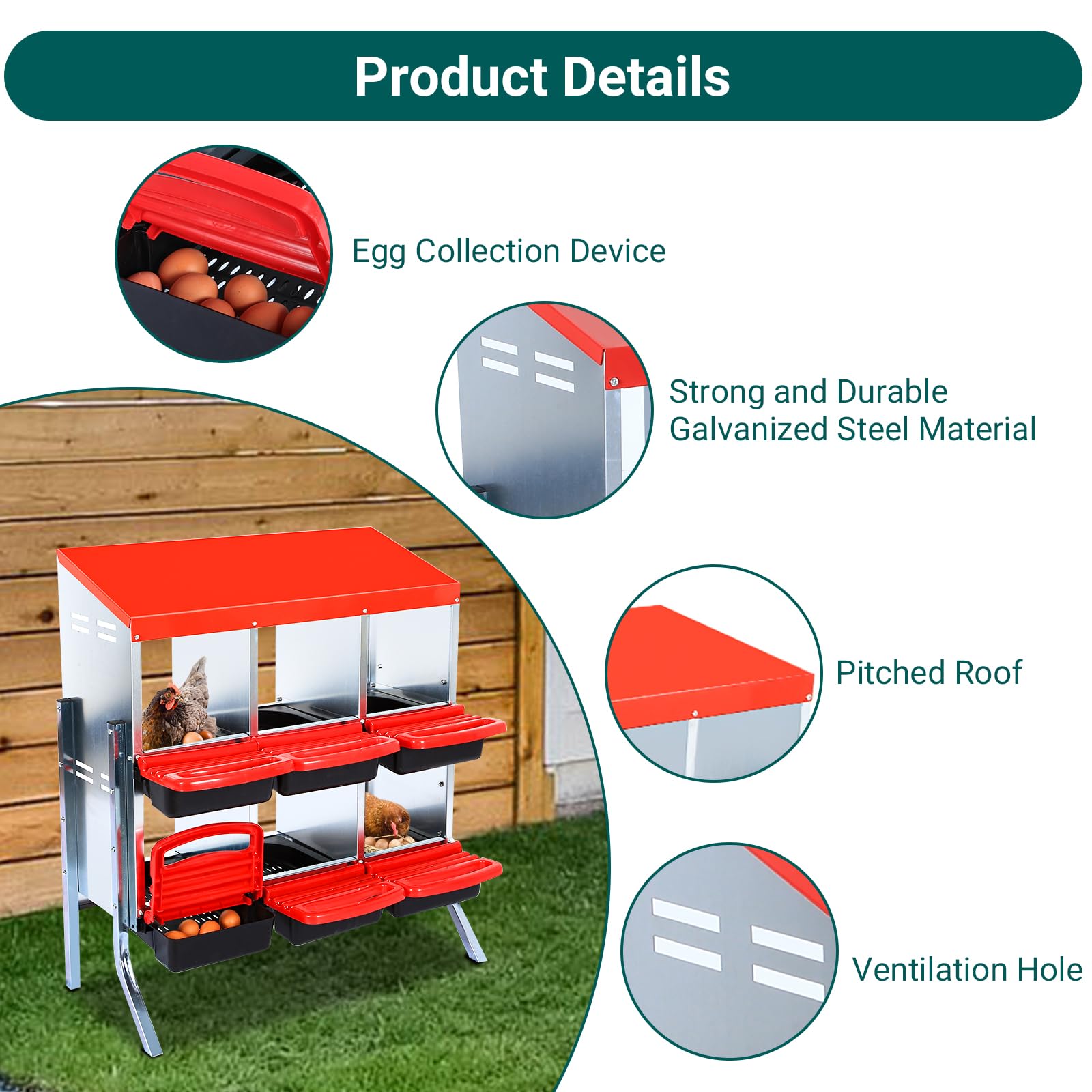 Nido per polli Garvee a 6 fori con coperchio rimovibile, in metallo, design arrotolabile per pollai e anatre, robusto, ventilato, facile da pulire