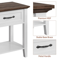 Tavolino Garvee con cassetto, 2 ripiani, legno, design moderno, bianco, per soggiorno e camera da letto