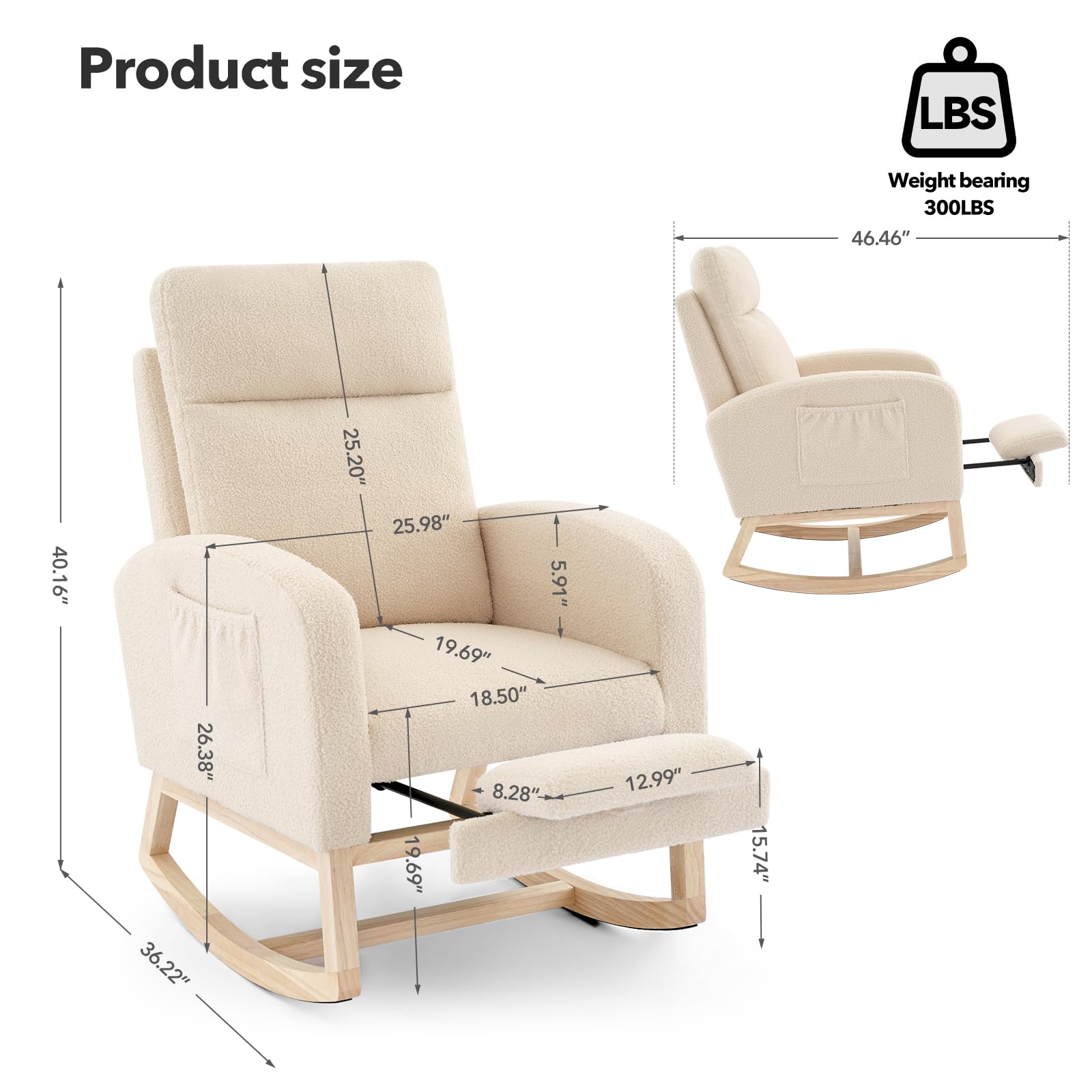 Sedia a dondolo Garvee per cameretta dei bambini con poggiapiedi, tessuto Teddy, ergonomica, struttura in legno robusto, soggiorno e camera da letto, multicolore