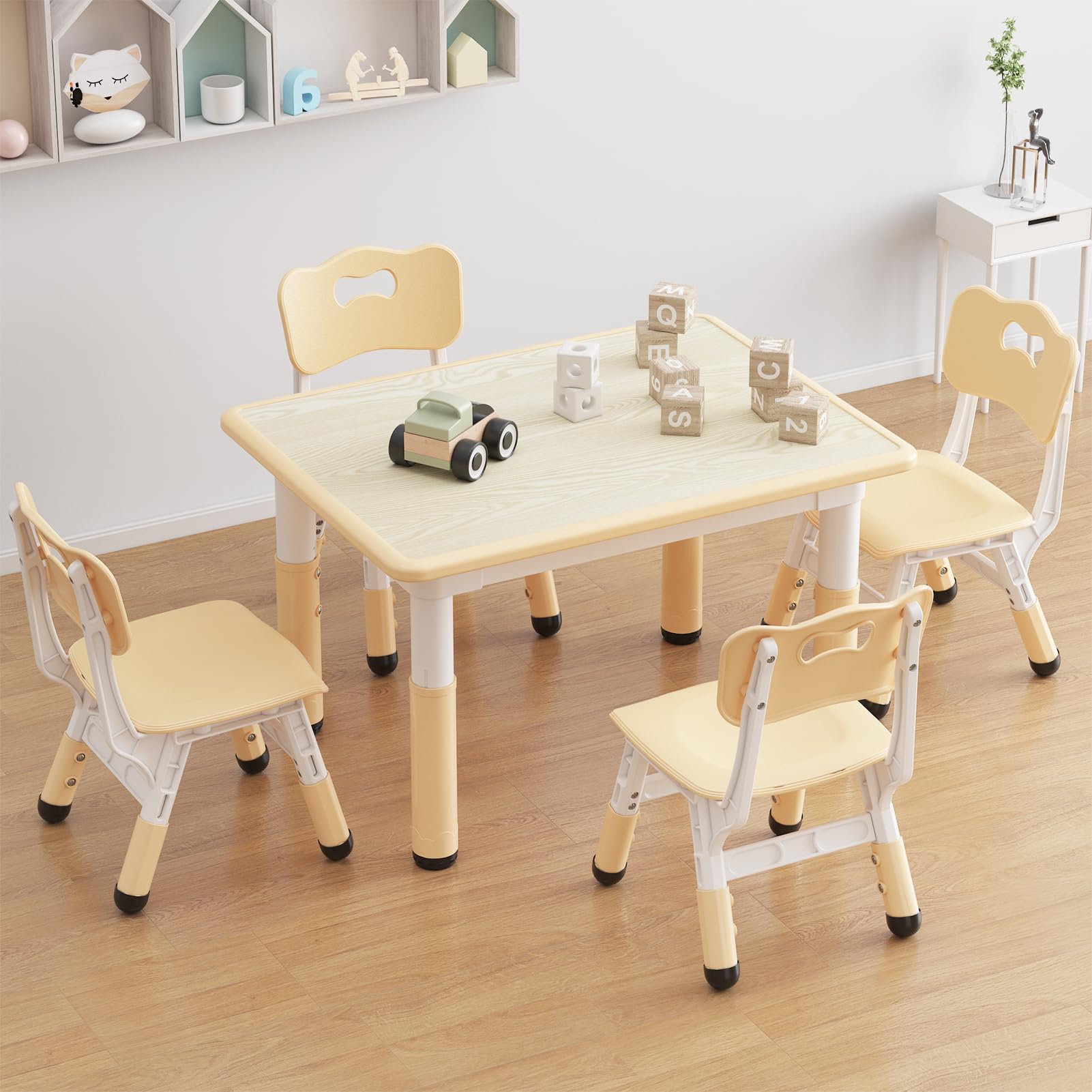 Garvee Tavolo Bambini con 4 Sedie Regolabile Altezza, Piano Scrivibile, Piedi Antiscivolo, Legno Rovere, Casa e Scuola, Multicolore