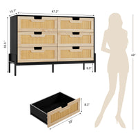 Cassettiera Garvee in rattan naturale con 6 cassetti, gambe in legno e metallo, per camera da letto e soggiorno, impermeabile, resistente, design moderno
