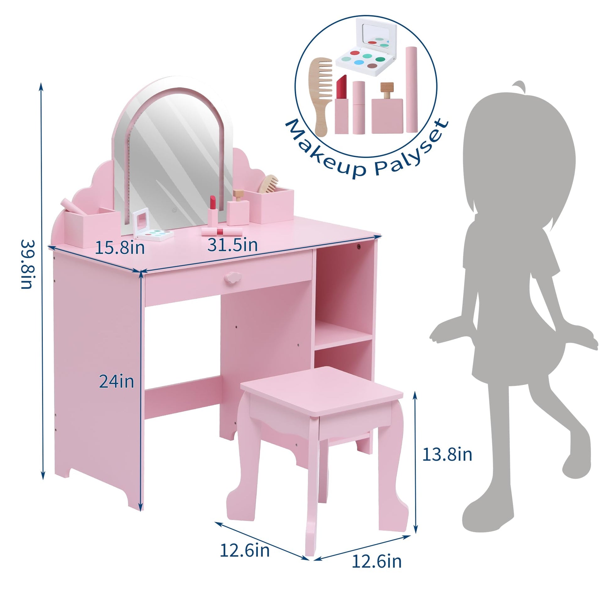 Garvee Kids Vanity con specchio illuminato 2 in 1, toletta e sgabello per bambine dai 3 ai 9 anni, camera da letto, sala giochi, bianco